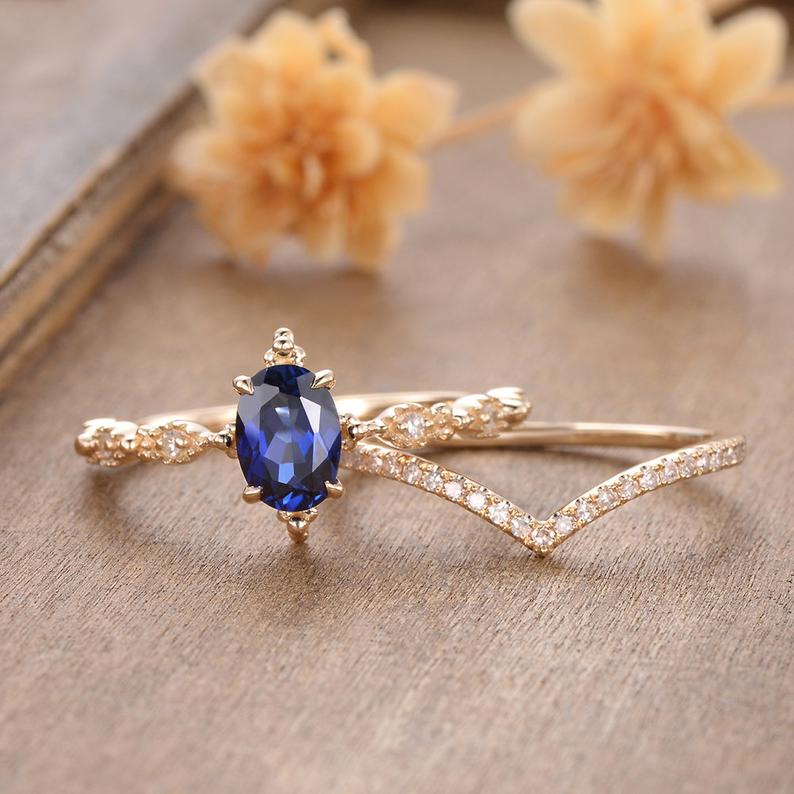 1 CT Oval Cut Blue Sapphire Diamond Yellow Gold Over On 925 Sterling Silver Wedding Bridal Ring Set