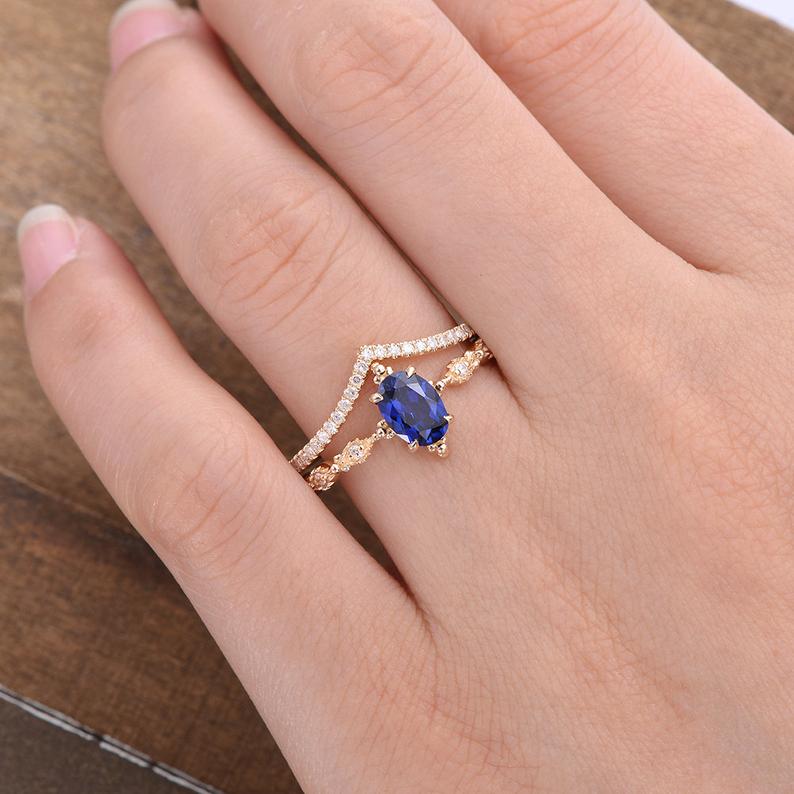 1 CT Oval Cut Blue Sapphire Diamond Yellow Gold Over On 925 Sterling Silver Wedding Bridal Ring Set