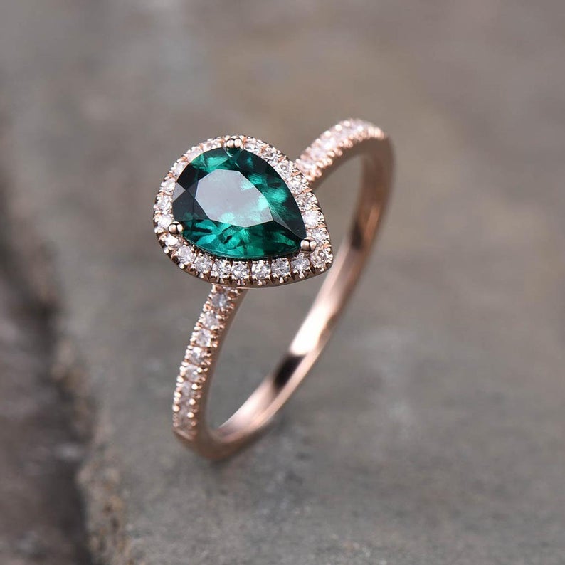 1.75 Ct Pear Cut Green Emerald Halo Engagement Ring Rose Gold Over On 925 Sterling Silver