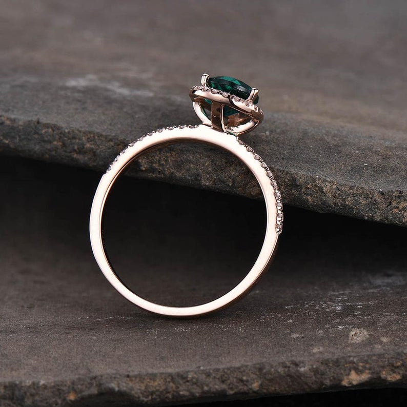 1.75 Ct Pear Cut Green Emerald Halo Engagement Ring Rose Gold Over On 925 Sterling Silver