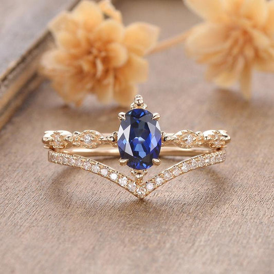 1 CT Oval Cut Blue Sapphire Diamond Yellow Gold Over On 925 Sterling Silver Wedding Bridal Ring Set