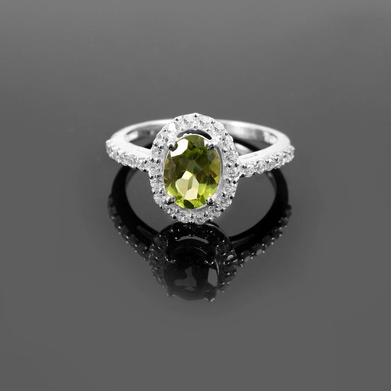 1 CT Oval Cut Peridot Diamond 925 Sterling Silver Halo Engagement Ring