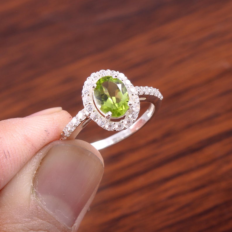 1 CT Oval Cut Peridot Diamond 925 Sterling Silver Halo Engagement Ring