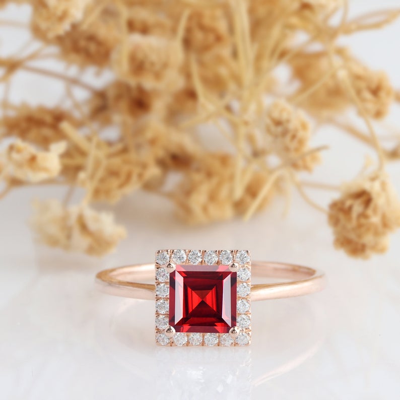 1.20 Ct Princess Cut Red Garnet Rose Gold Over On 925 Sterling Silver Halo Promise Ring