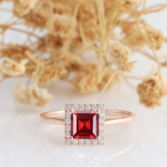 1.20 Ct Princess Cut Red Garnet Rose Gold Over On 925 Sterling Silver Halo Promise Ring