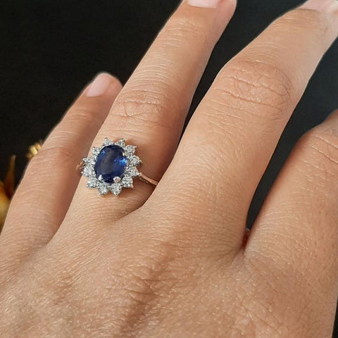 1 CT Oval Cut Blue Sapphire Diamond 925 Sterling Silver Halo Engagement Ring