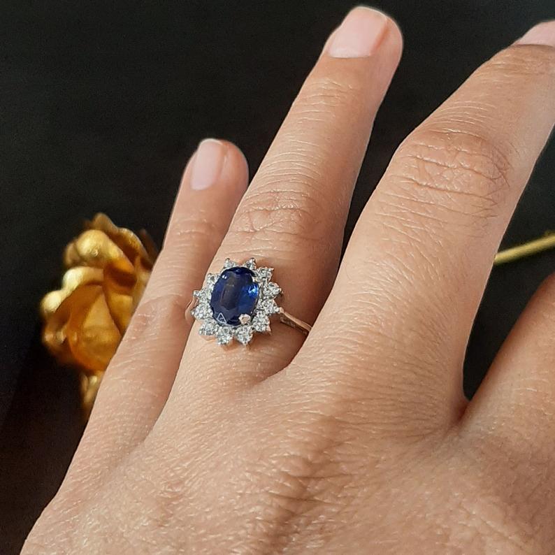 Blue sapphire with diamond shop halo