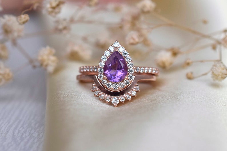 1 CT Pear Cut Amethyst CZ Diamond Rose Gold Over On 925 Sterling Silver Halo Bridal Ring Set
