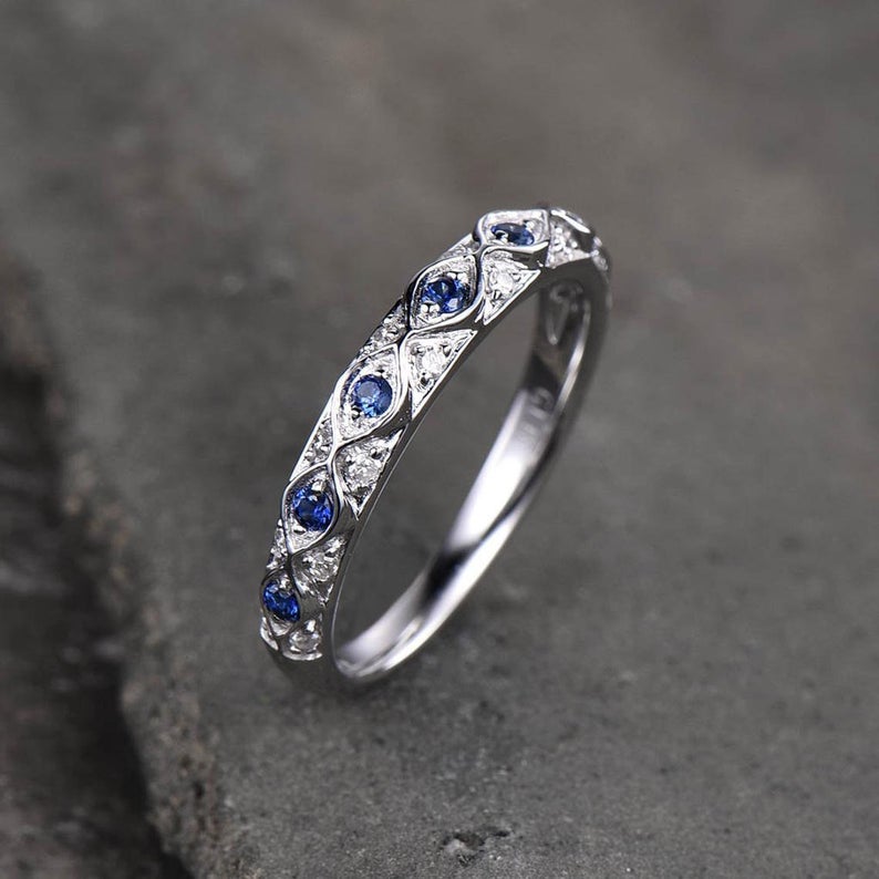 0.75 Ct Round Cut Blue Sapphire Engagement Wedding Band Ring In 925 Sterling Silver