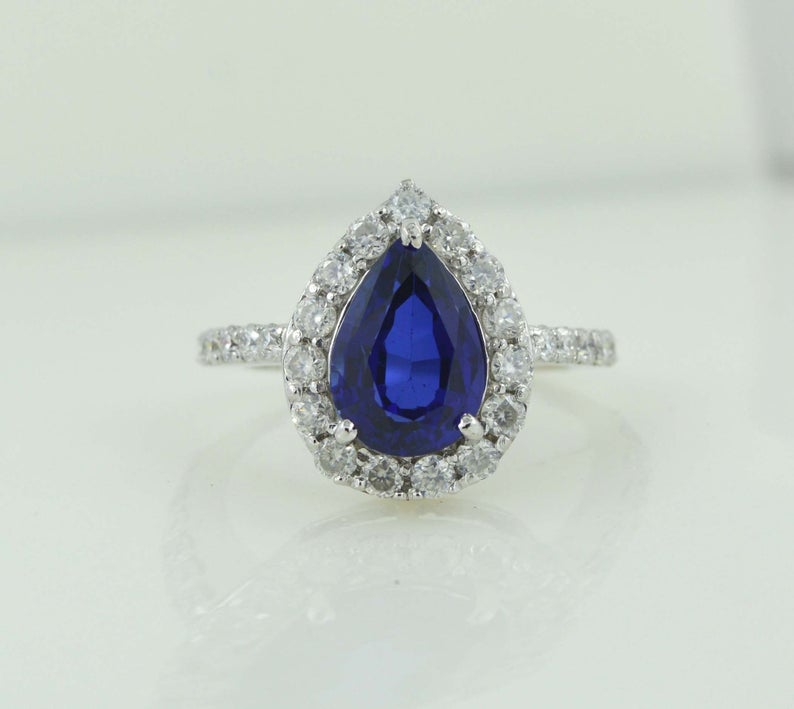 1 CT Pear Cut Blue Sapphire Diamond 925 Sterling Silver Halo Anniversary Ring