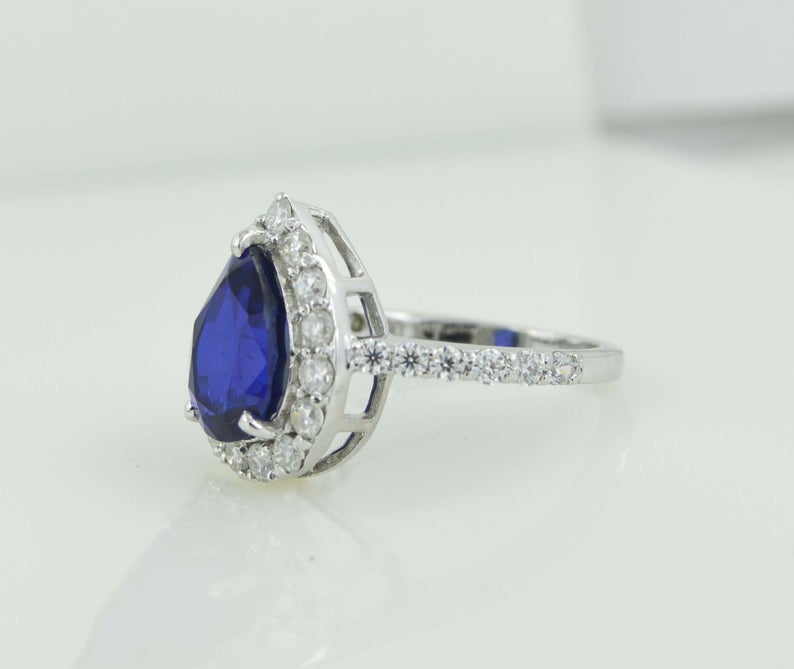 1 CT Pear Cut Blue Sapphire Diamond 925 Sterling Silver Halo Anniversary Ring
