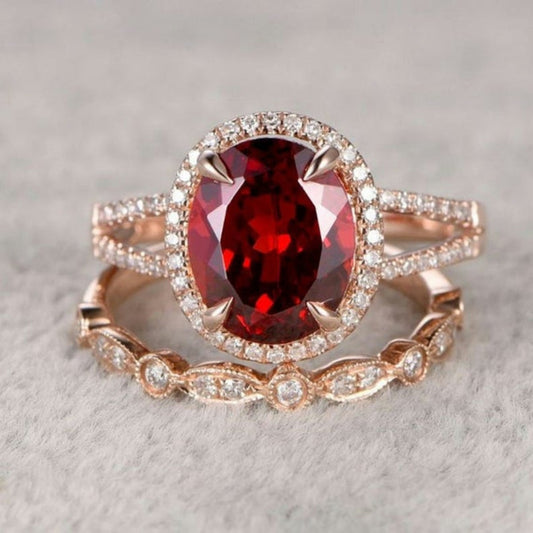 2 CT Oval Cut Ruby Diamond Rose Gold Over On 925 Sterling Silver Halo Wedding Ring Set