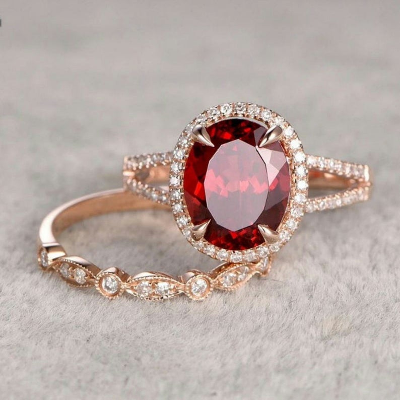 2 CT Oval Cut Ruby Diamond Rose Gold Over On 925 Sterling Silver Halo Wedding Ring Set