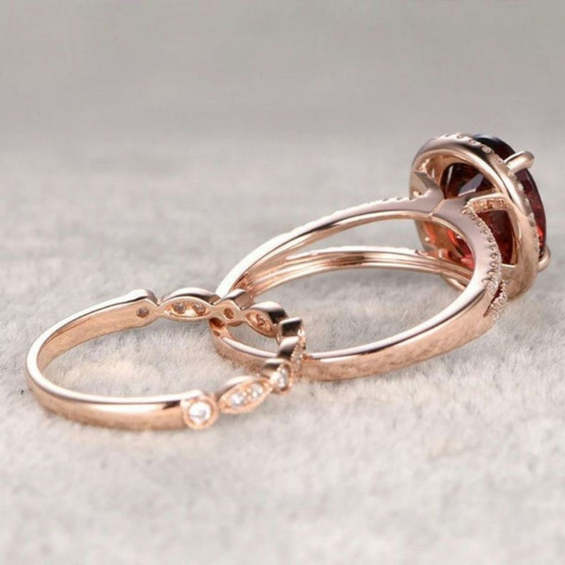 2 CT Oval Cut Ruby Diamond Rose Gold Over On 925 Sterling Silver Halo Wedding Ring Set