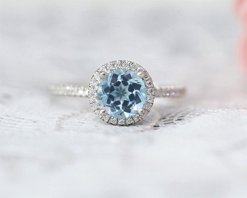 1 CT Round Cut Aquamarine Diamond 925 Sterling Silver Halo Anniversary Ring