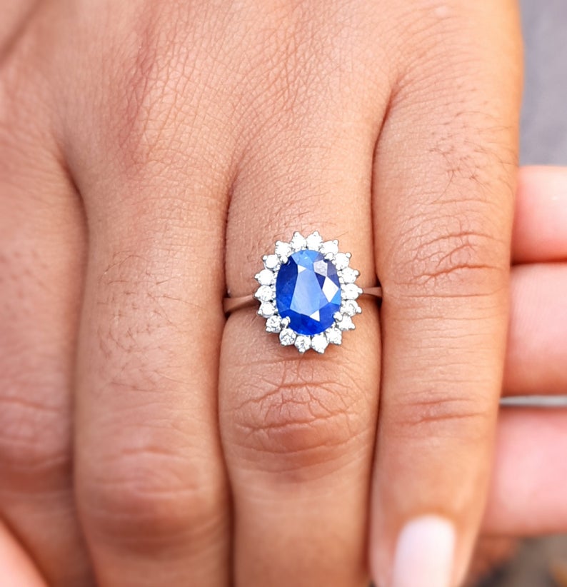 1 CT Oval Cut Blue Sapphire Diamond White Gold Over On 925 Sterling Silver Women Halo Engagement Ring