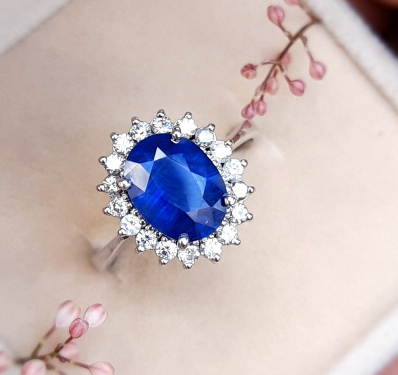 1 CT Oval Cut Blue Sapphire Diamond White Gold Over On 925 Sterling Silver Women Halo Engagement Ring