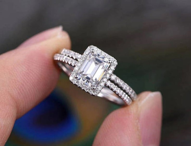1.7 CT Emerald Cut White Topaz Diamond White Gold Over On 925 Sterling Silver Halo Bridal Ring Set