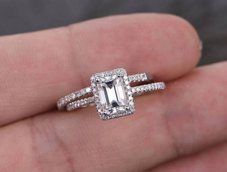 1.7 CT Emerald Cut White Topaz Diamond White Gold Over On 925 Sterling Silver Halo Bridal Ring Set