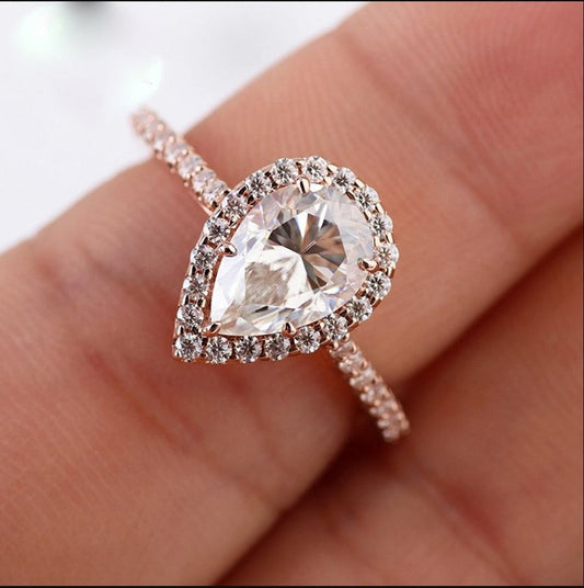 1 CT Pear Cut Diamond Rose Gold Over On 925 Sterling Silver Halo Promise Ring