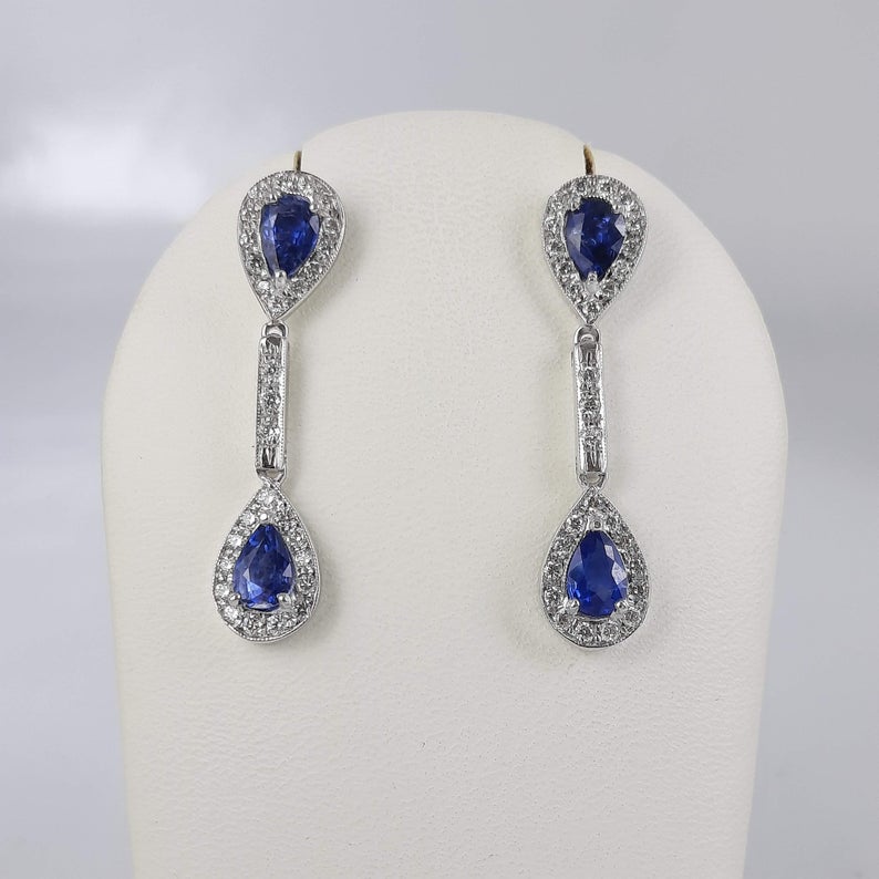 3.25 Ct Pear Cut Blue Sapphire 925 Sterling Silver Engagement Tear Drop Dangle Earrings