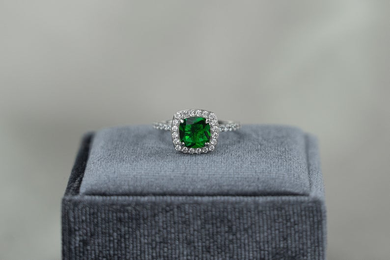 1CT Cushion Cut Emerald Diamond White Gold Over On 925 Sterling Silver Halo Engagement Ring