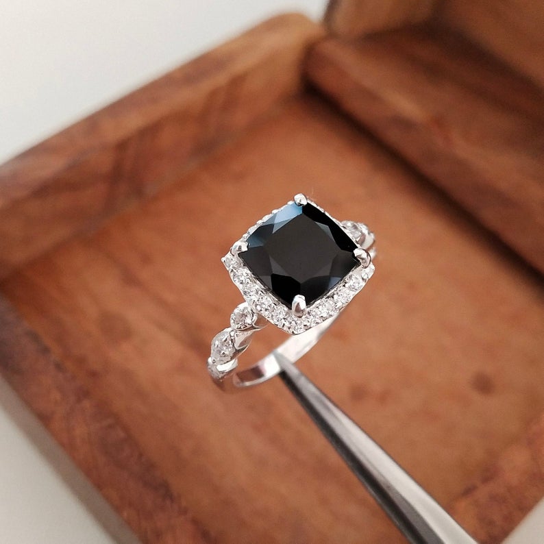 1 CT Cushion Cut Black Spinel Diamond 925 Sterling Silver Halo Engagement Ring