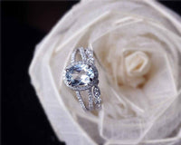 1 CT Oval Cut Aquamarine Diamond 925 Sterling Silver Halo Anniversary Bridal Ring Set