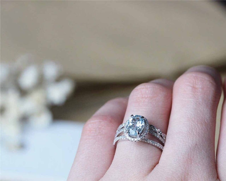 1 CT Oval Cut Aquamarine Diamond 925 Sterling Silver Halo Anniversary Bridal Ring Set