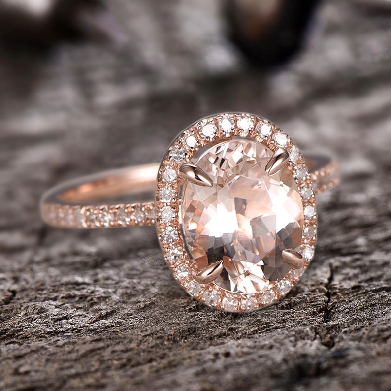 1 CT Oval Cut Morganite Diamond Rose Gold Over On 925 Sterling Silver Halo Engagement Ring
