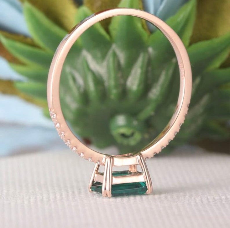 2 CT Emerald Cut Green Emerald Diamond Rose Gold Over On 925 Sterling Silver Solitaire With Accents Ring