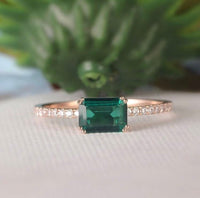 2 CT Emerald Cut Green Emerald Diamond Rose Gold Over On 925 Sterling Silver Solitaire With Accents Ring