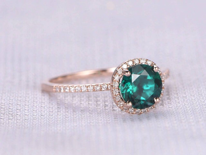 1 CT Round Cut Emerald Diamond Rose Gold Over On 925 Sterling Silver Halo Engagement Ring