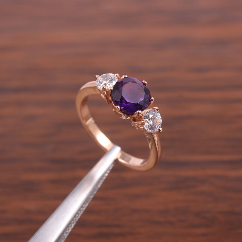 1 CT Round Cut Amethyst Diamond 925 Sterling Silver Three Stone Wedding Ring