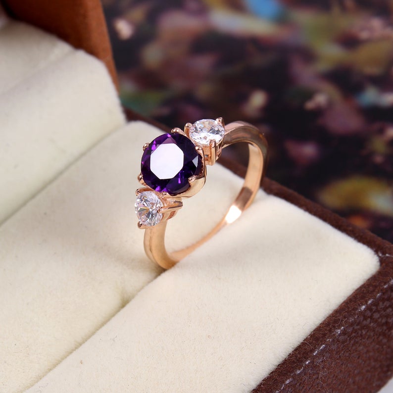 1 CT Round Cut Amethyst Diamond 925 Sterling Silver Three Stone Wedding Ring