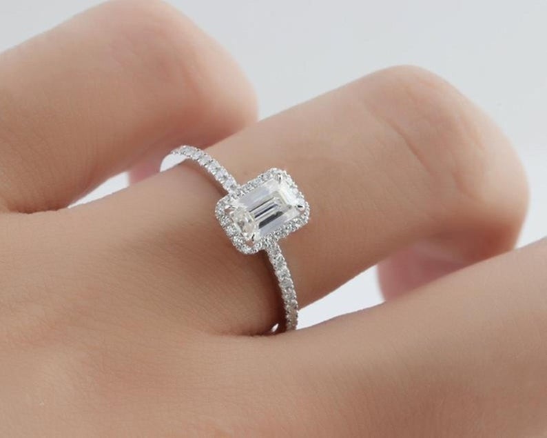 1 CT Emerald Cut Diamond 925 Sterling Silver Halo Woman's Wedding Ring
