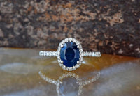 1 CT Oval cut Blue sapphire Diamond White Gold Over On 925 Sterling Silve Halo Engagement Ring