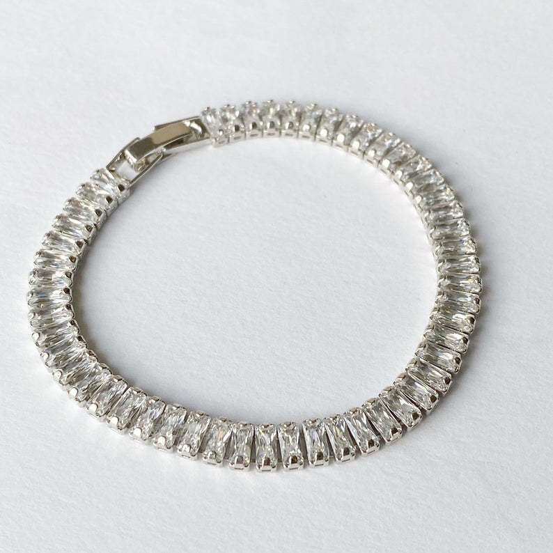 Diamonique Round & Baguette Cut Tennis Bracelet Sterling Silver - QVC.com