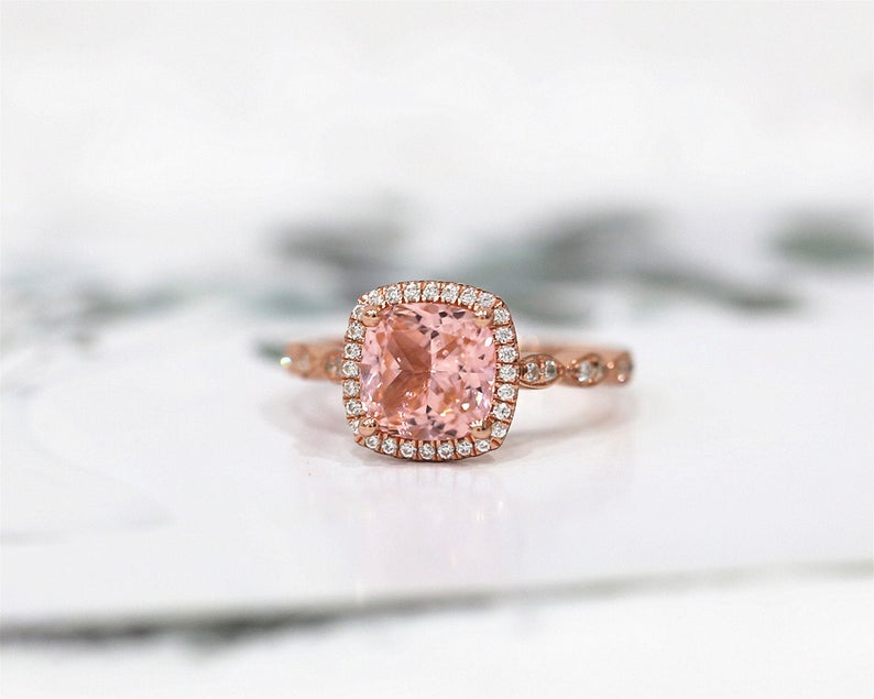 1 CT Cushion Cut Morganite Diamond Rose Gold Over On 925 Sterling Silver Halo Engagement Ring