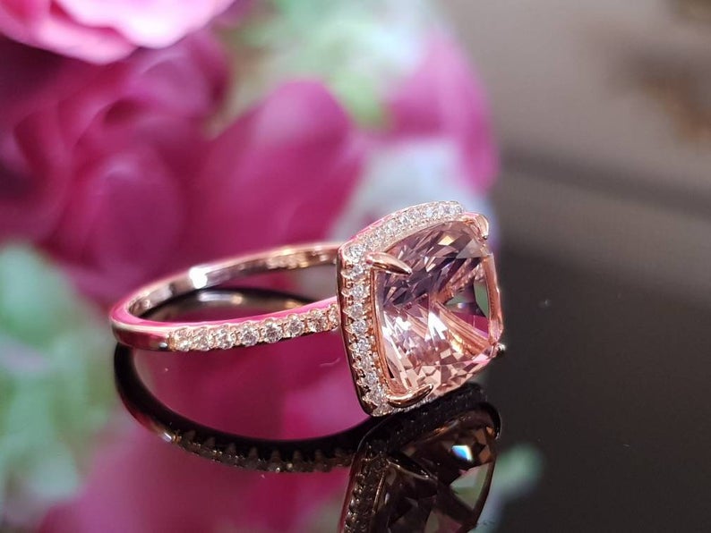 1 CT Cushion Cut Morganite Diamond Rose Gold Over On 925 Sterling Silver Halo Engagement Ring