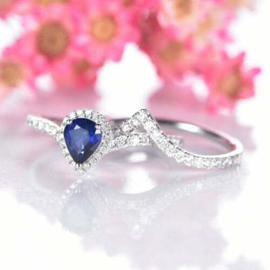 1 CT Pear Cut Blue Sapphire Diamond 925 Sterling Silver Woman's Wedding Bridal Ring Set