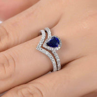 1 CT Pear Cut Blue Sapphire Diamond 925 Sterling Silver Woman's Wedding Bridal Ring Set