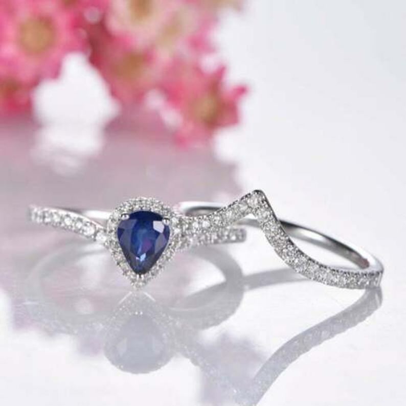 1 CT Pear Cut Blue Sapphire Diamond 925 Sterling Silver Woman's Wedding Bridal Ring Set