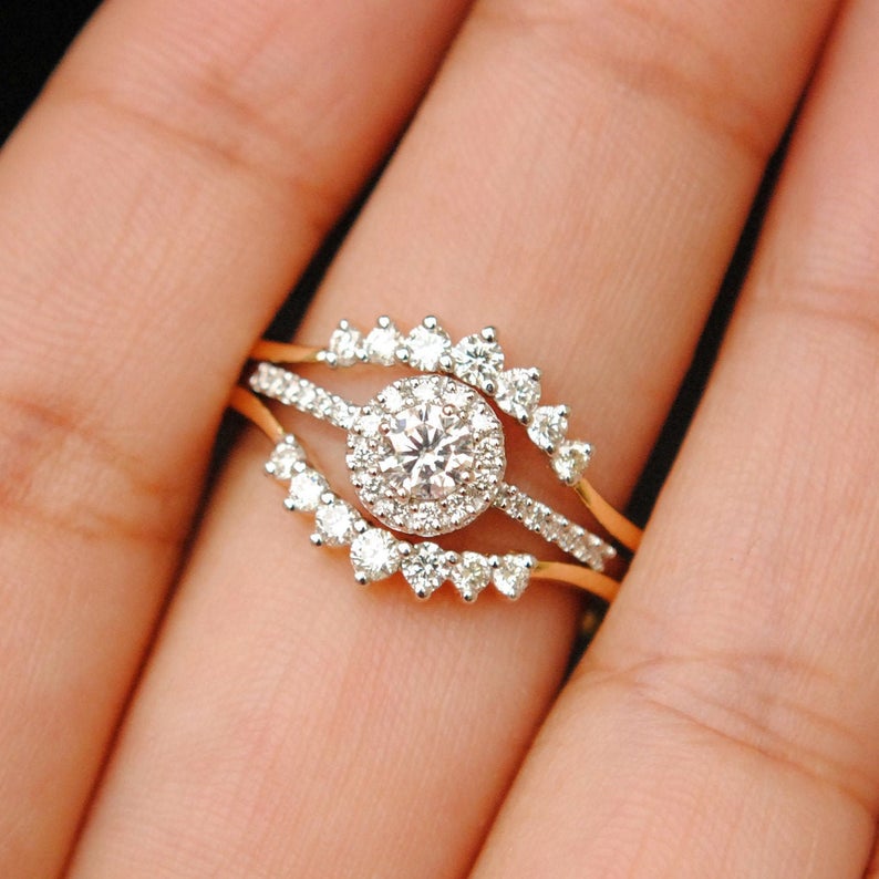 1 CT Round Cut Diamond Three Piece 925 Sterling Silver Halo Engagement Ring Set