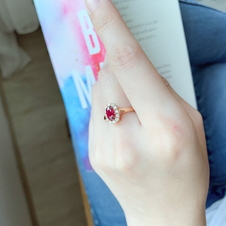 2 CT Oval Cut Pink Ruby Diamond Rose Gold Over On 925 Sterling Silver Halo Promise Ring