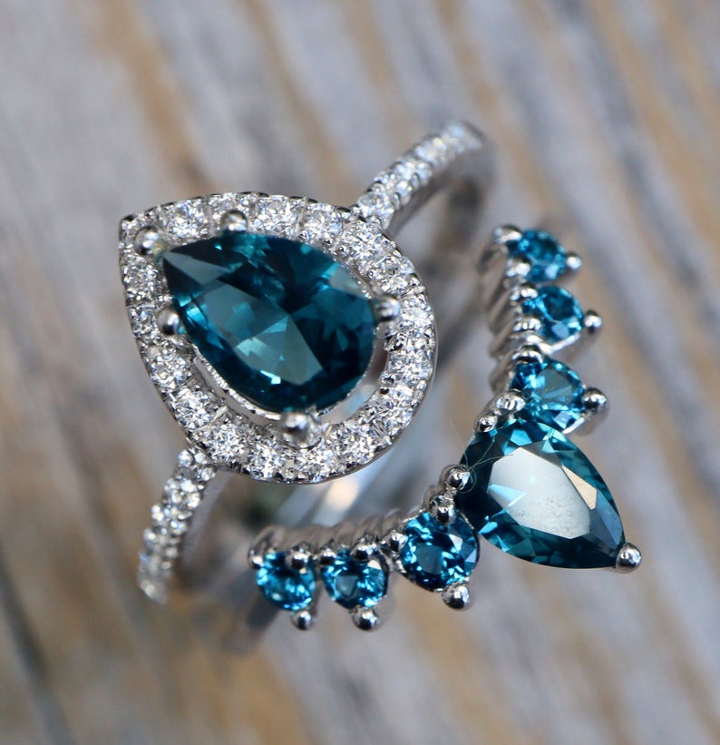 2 CT Pear Cut London Blue Topaz Diamond 925 Sterling Silver Halo Wedding Bridal Ring Set