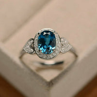 3 CT Oval Cut London Blue Topaz Diamond 925 Sterling Silver Woman's Engagement Ring