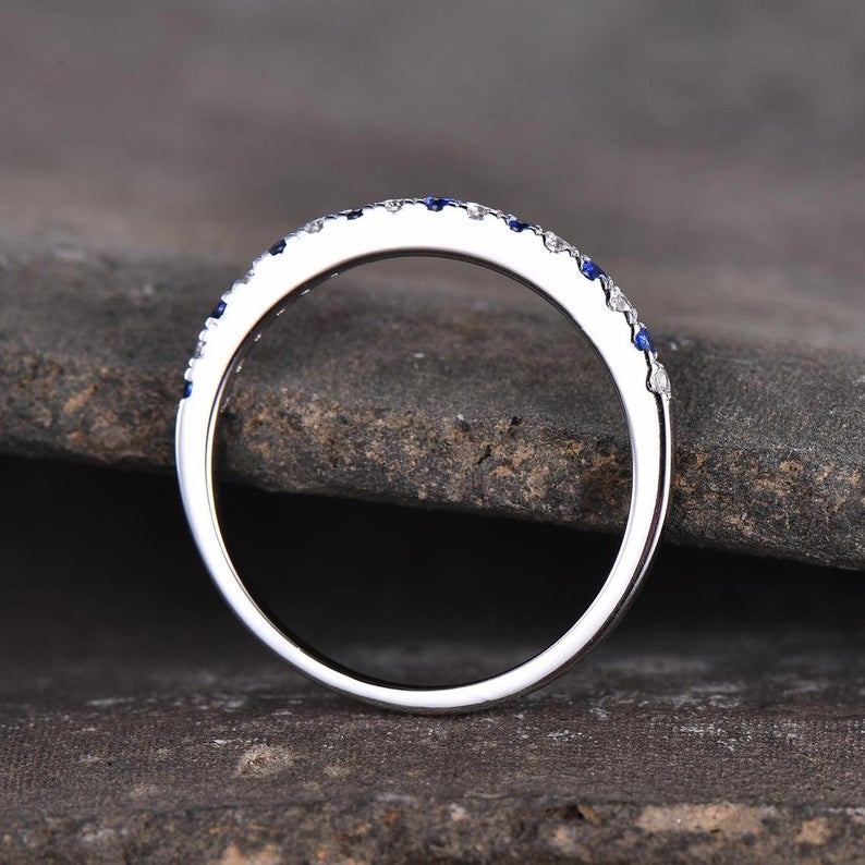 0.25 CT Round Cut Blue Sapphire and CZ Diamond 925 Sterling Silver Half Eternity Wedding Band Ring