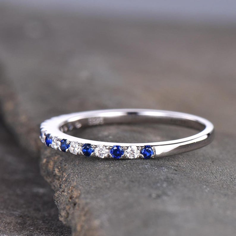 0.25 CT Round Cut Blue Sapphire and CZ Diamond 925 Sterling Silver Half Eternity Wedding Band Ring