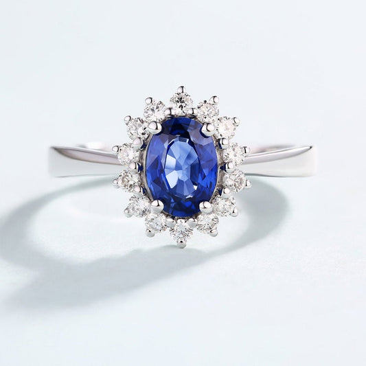1 CT Oval Cut Blue Sapphire Diamond White Gold Over On 925 Sterling Silver Halo Engagement Ring